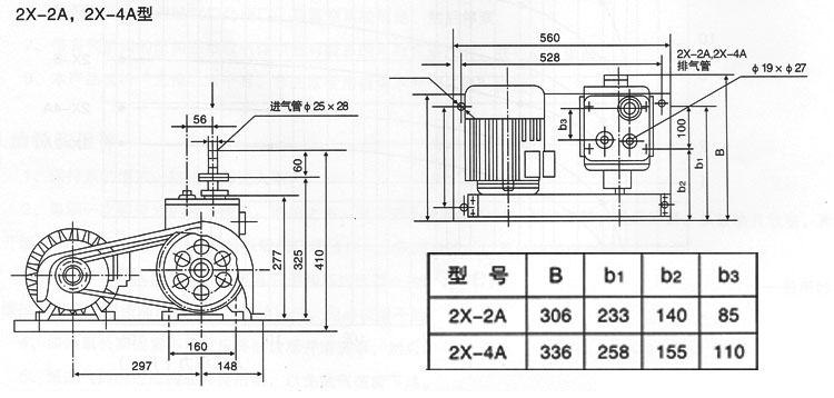 2X-2A,2X-4A型雙級(jí)旋片式真空泵外形安裝尺寸圖