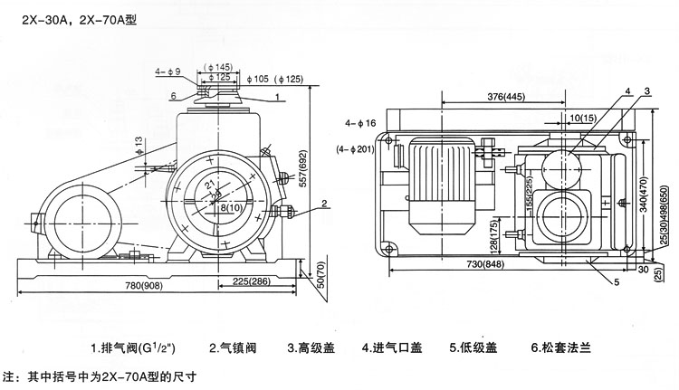 2X-30A,2X-70A型雙級(jí)旋片式真空泵外形安裝尺寸圖